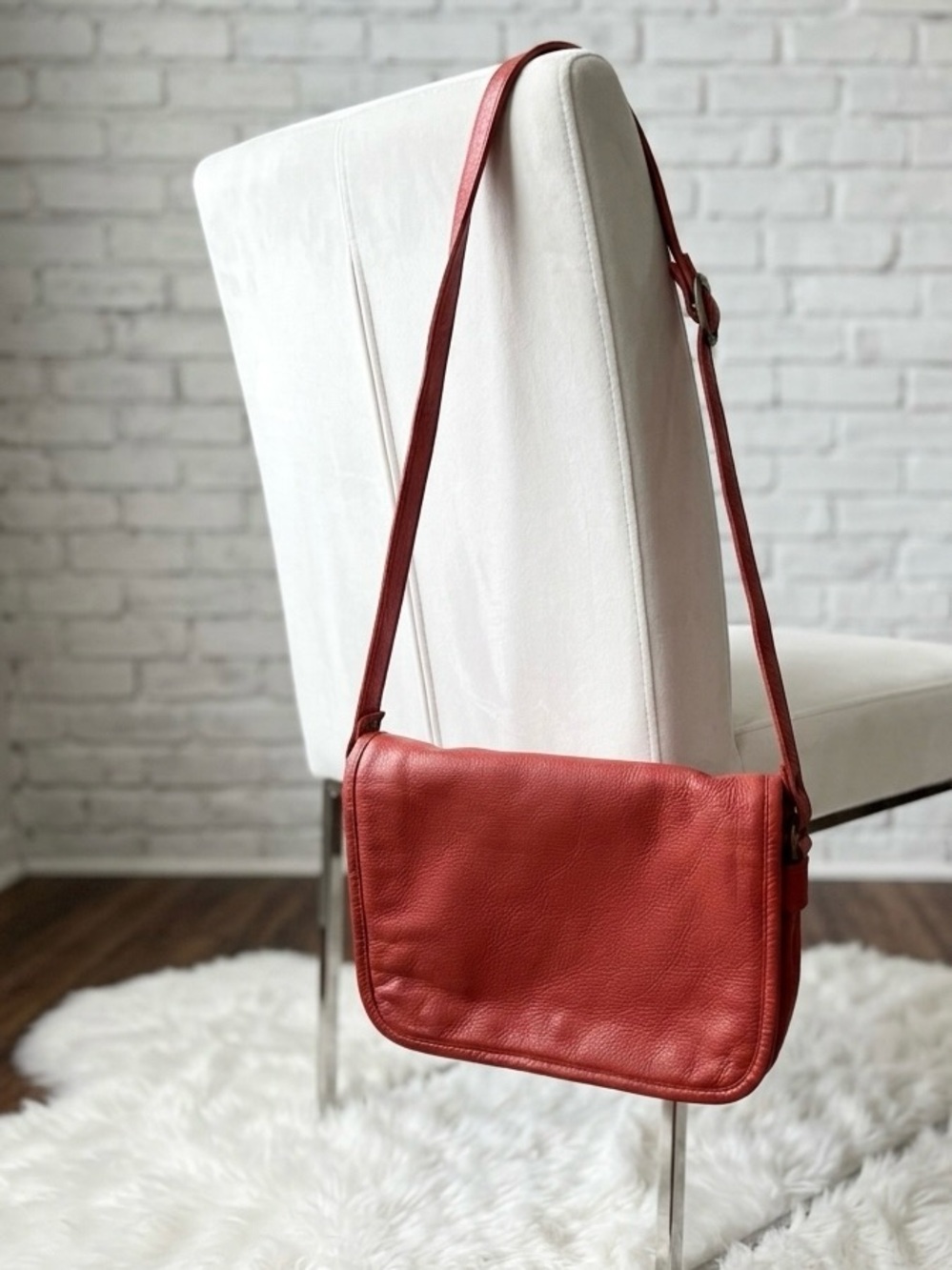 Vintage BARGANZA Red Leather Crossbody Flap Bag Map Lining - Picture 3 of 11
